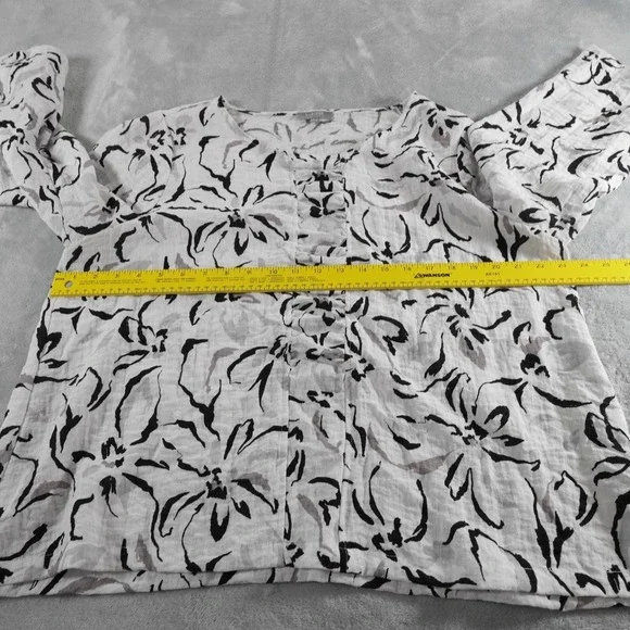 Habitat Blouse Womens L White Scoop Neck 3/4 Sleeve Floral Pleated Tunic - Picture 6 of 12